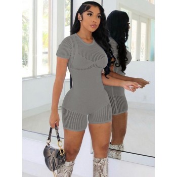 2023 Summer Fashion: Hugcitar Short Sleeve Zip Up Knit Romper - Sexy Bodycon Style for Streetwear and Sport